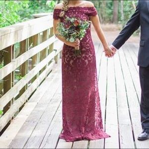 Maroon and nude lace formal gown